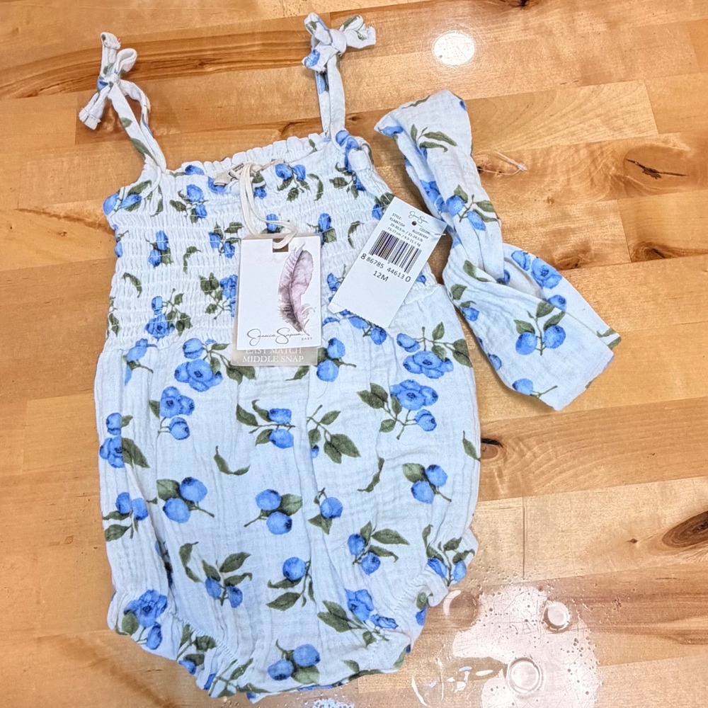 Jessica Simpson Romper Set Kids 12M Blue White New Blueberry Smocked Boho Set